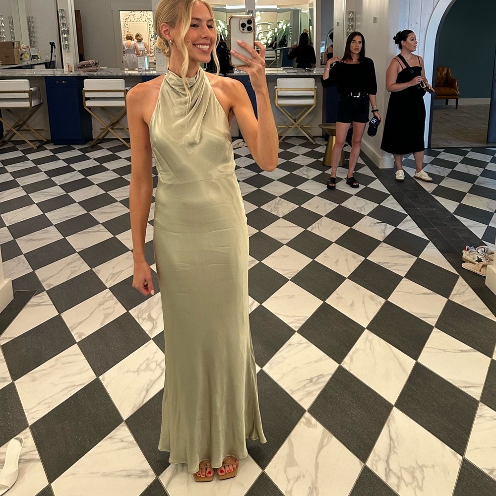 Meshki Esther Iridescent Satin Cowl Maxi Dress, Sage, Small